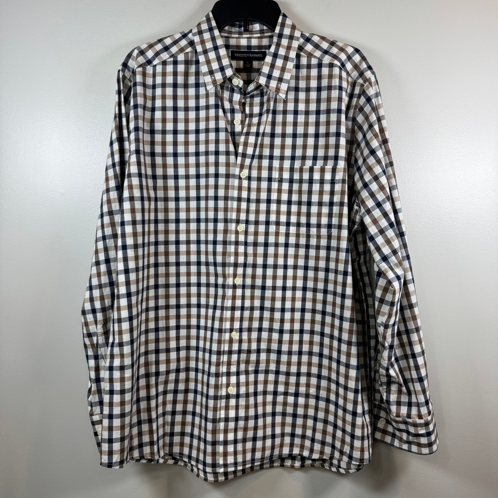 Tricots St Raphael Shirt‎ Mens L Brown Navy Plaid Cotton Button Down Business